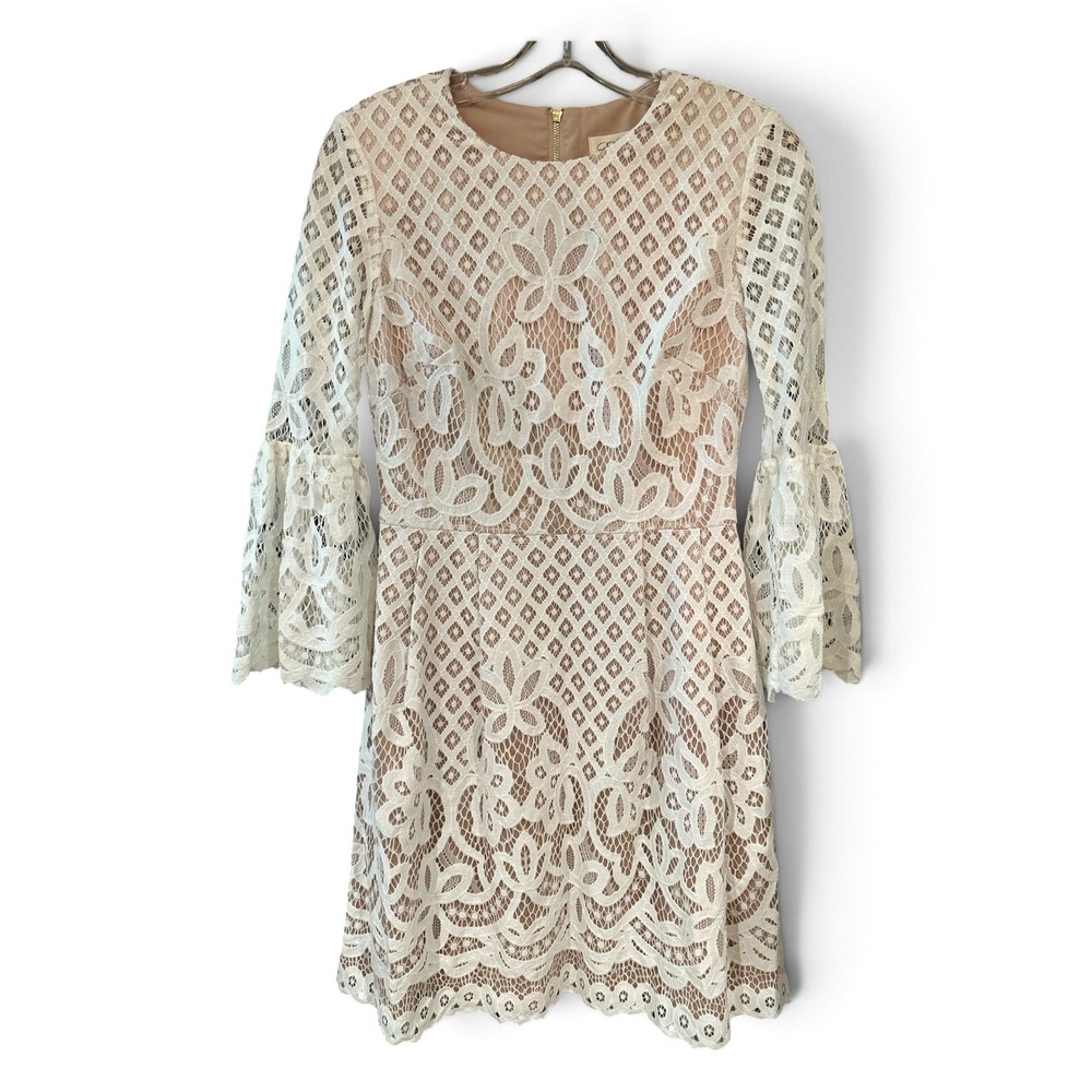 Eliza J White Nude Lace Bell Sleeve Fit Flare Cocktail Dress Size 2